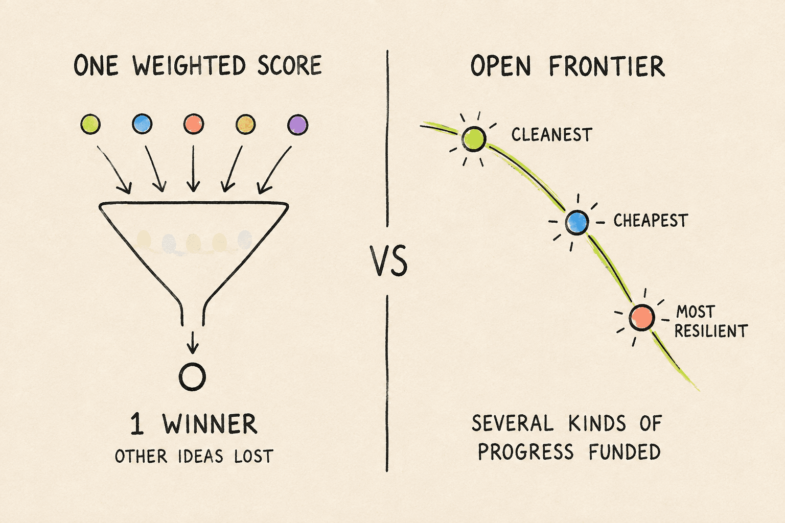 A hand-drawn comparison: one weighted score discards four of five ideas, while an open Pareto frontier funds the cleanest, cheapest, and most resilient solutions.