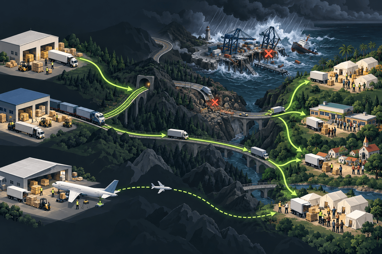 Disaster Response network connecting supplier routes and relief regions