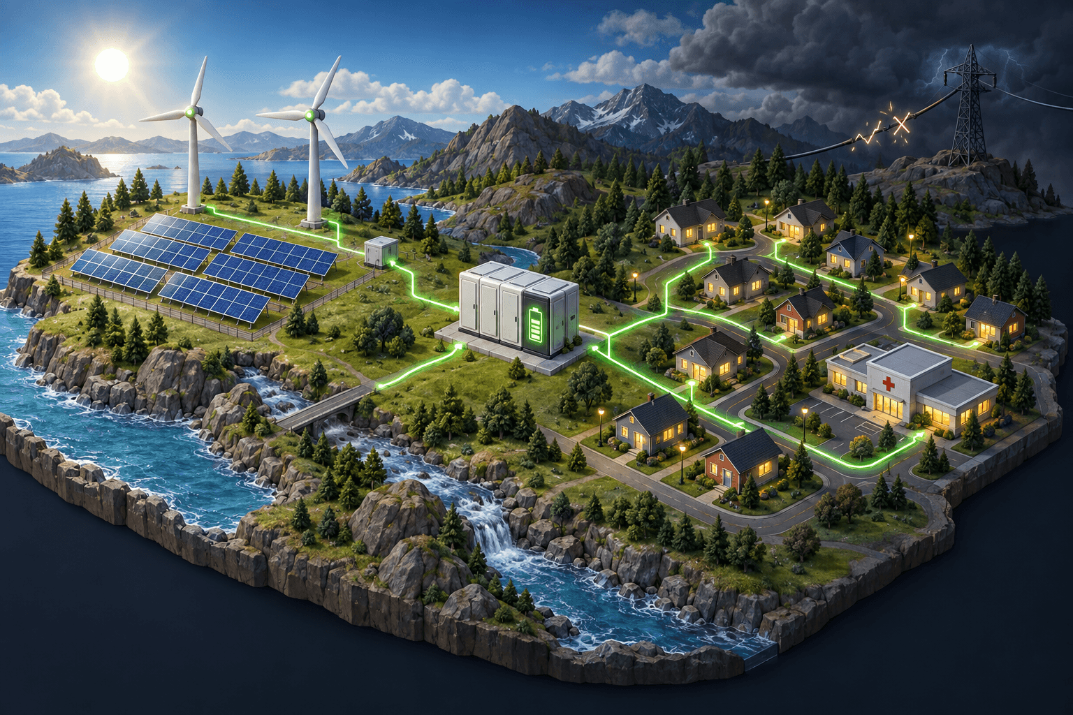 Solar panels and wind turbines feed a battery and a community while a storm interrupts the outside electricity grid.