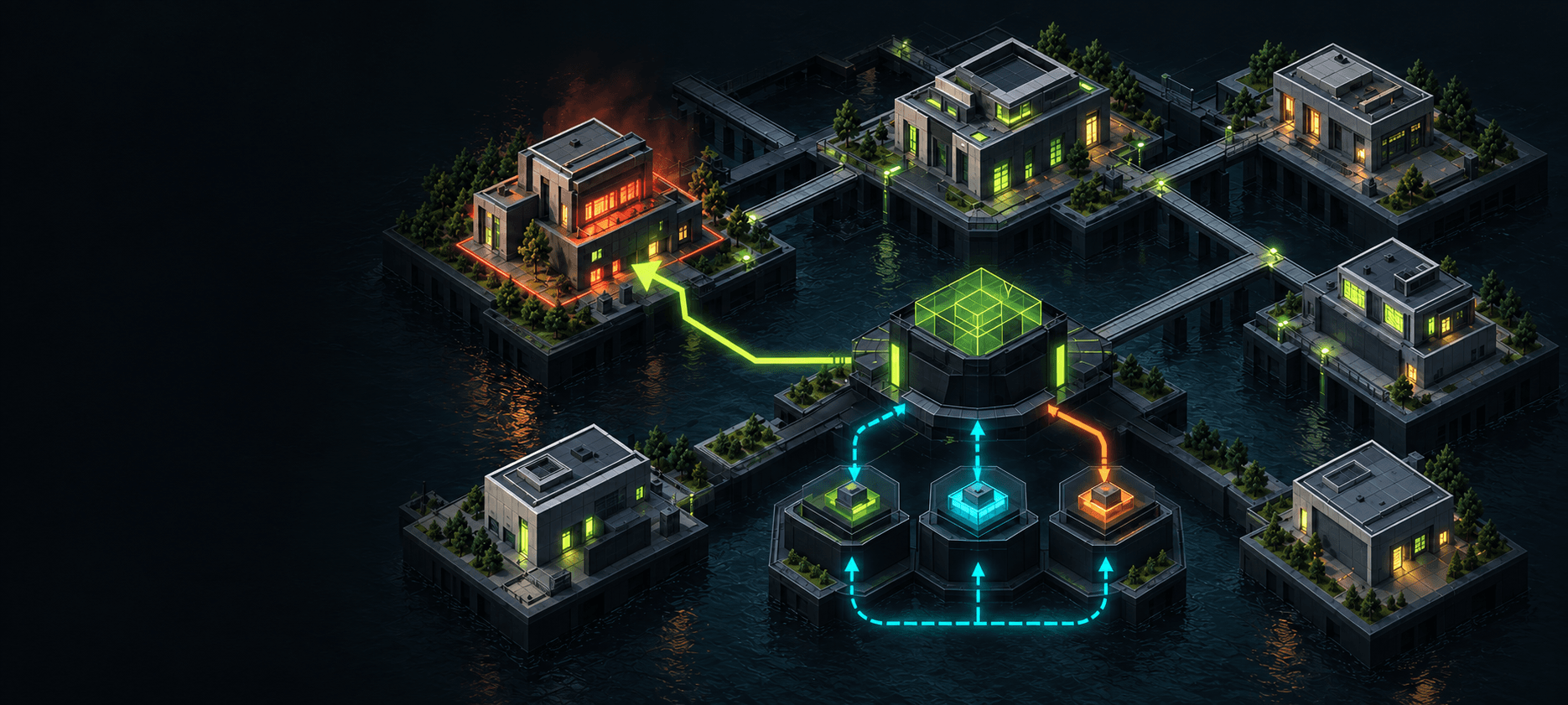 A fictional Ethereum protocol under incident response, with a command center connected to monitoring, audit, and patch services