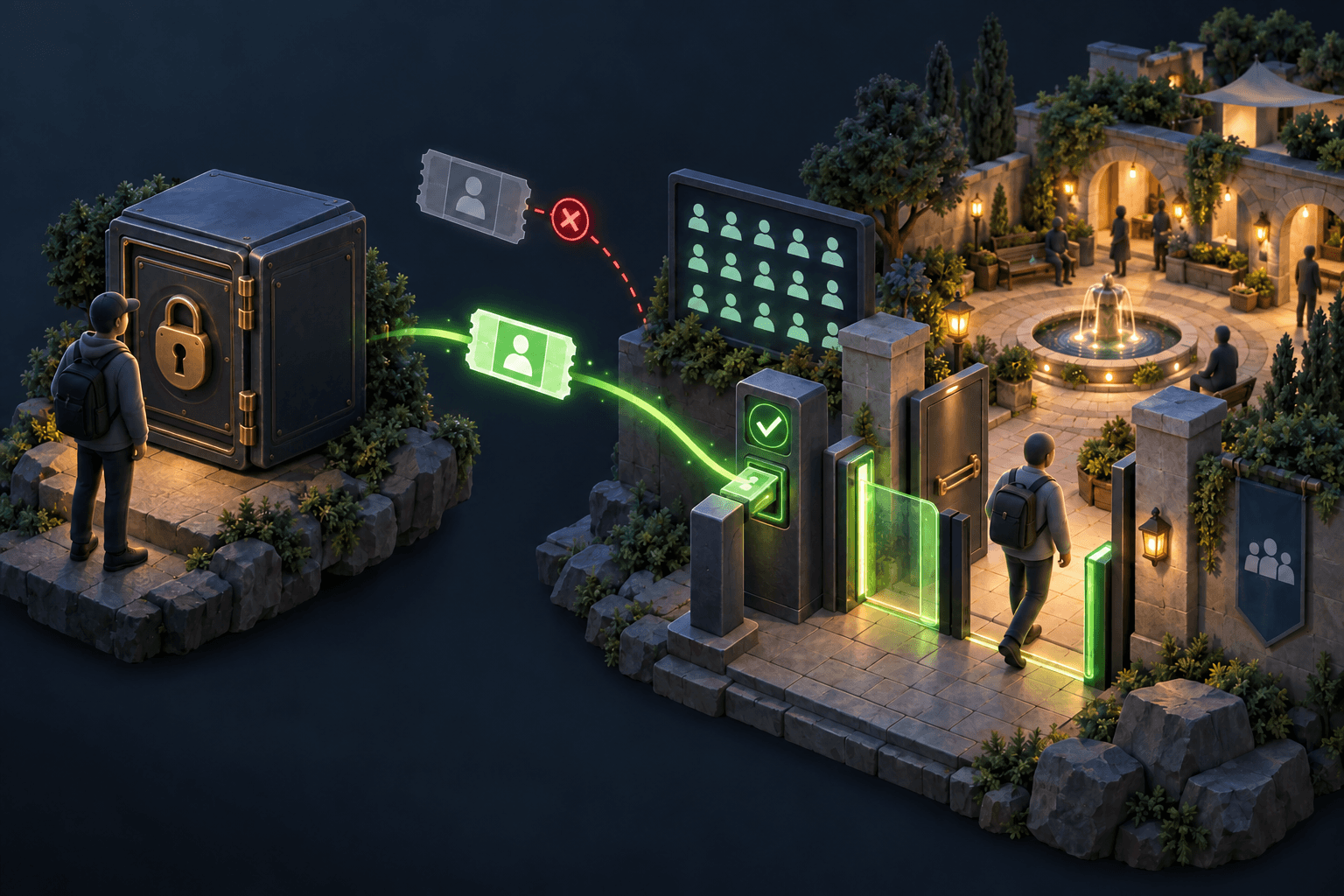 A locked identity vault stays private while a membership proof opens a community gate; a reused proof is blocked.